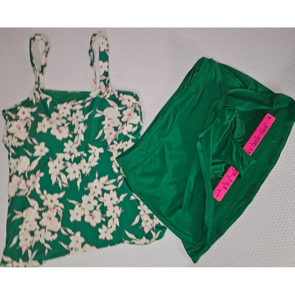 Lands End Tankini 2 Pc Swimsuit Skirt Set Womens Top 18  Bottoms 16 Green Floral